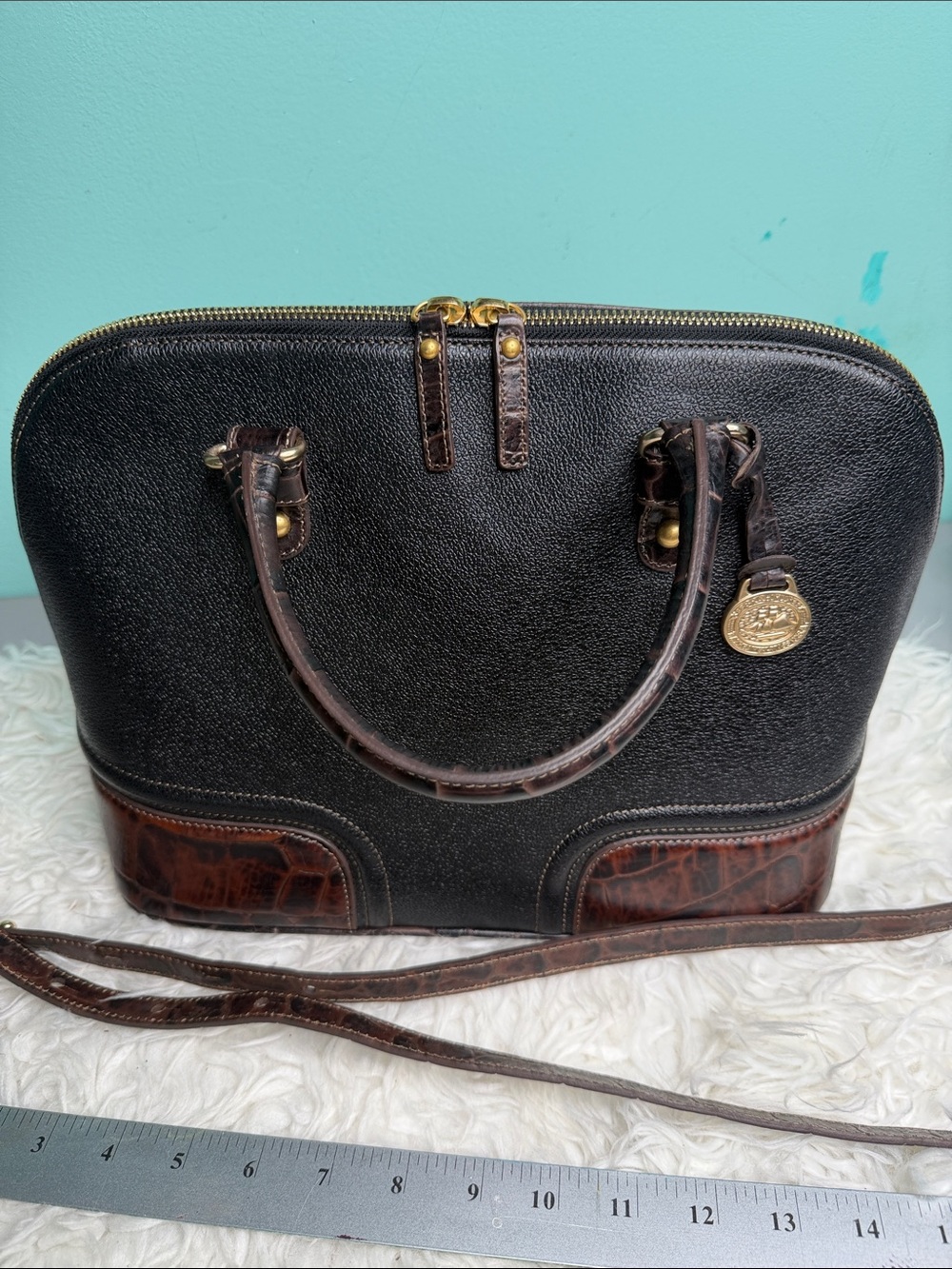Brahmin Vivian Rare Dome Black and Brown Leather Satchel with Gold Hardware